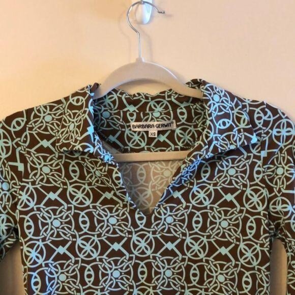 Barbara Gerwit XS Brown Turquoise Geometric 3/4 Sleeve Collared Stretch Dress - Picture 7 of 7